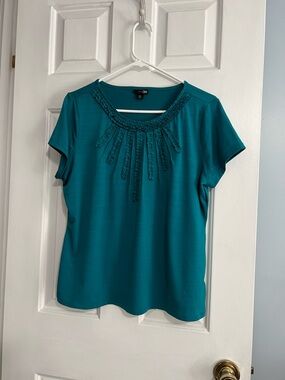 East 5th Teal Short-Sleeve Embellished Neck Top